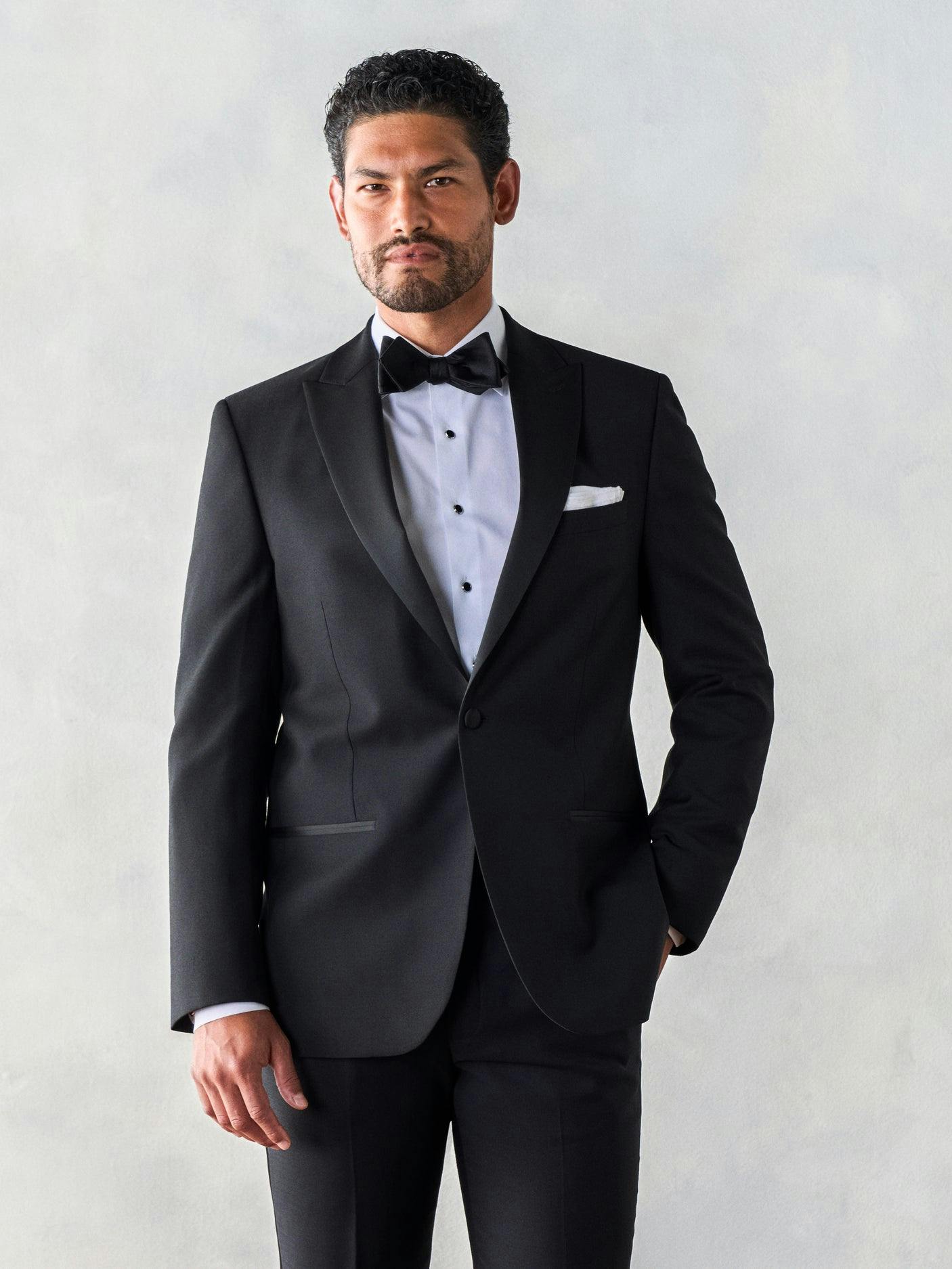 This is peak formalwear style, literally. It's tough to beat the classic yet statement-making look of a peak lapel tuxedo plus, the upward-pointing lapels frame your face and elongate your frame. Win, win.

Includes jacket and pants. Pants are available in classic and slim fits.