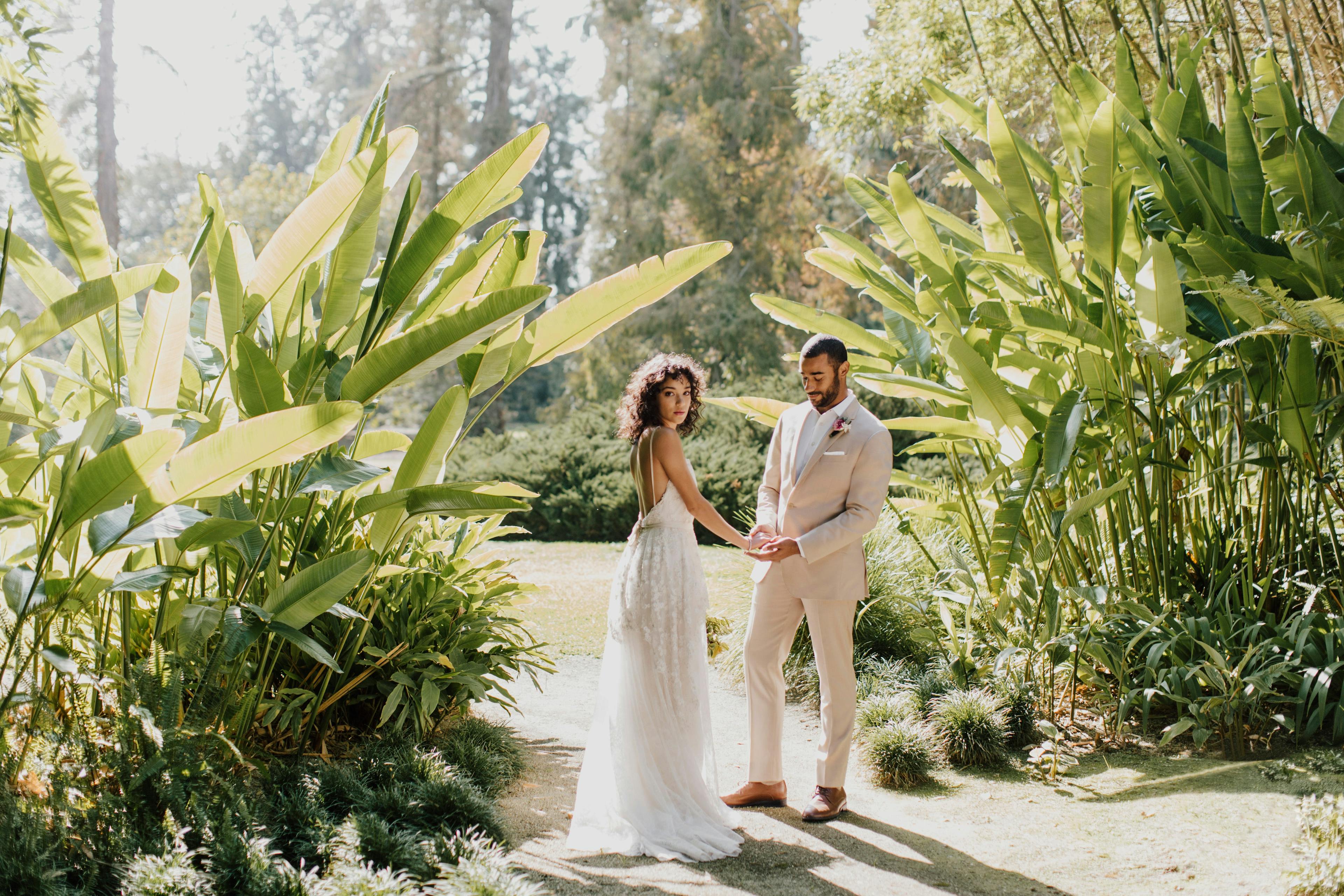 Groom Tan Suit Rental Bride Garden Outdoor Wedding