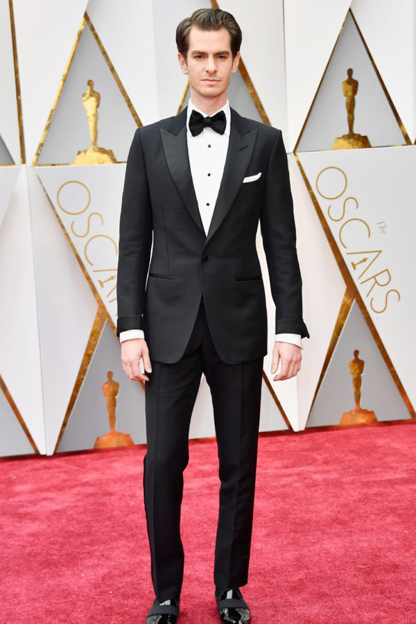 Andrew Garfield in a peak lapel prom tuxedo.