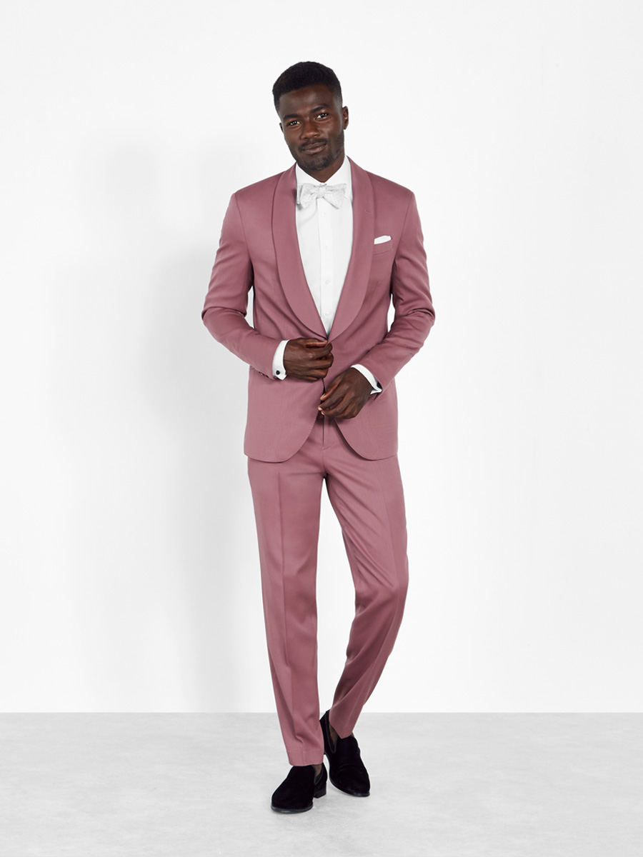 A rose shawl tuxedo is one of many colorful prom tux ideas we offer.