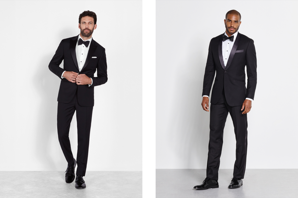 Black peak lapel tuxedo and black shawl collar tuxedo.