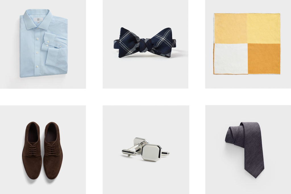 Recommended accessories for a blue men's wedding suit