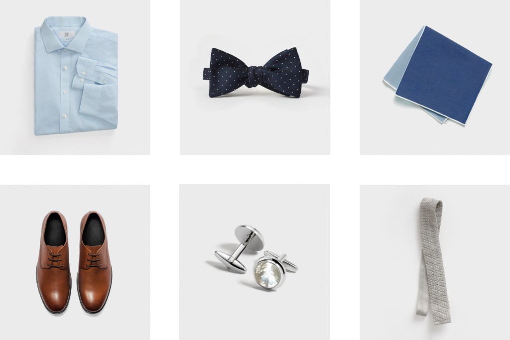 Accessories for a grey men's wedding suit by The Black Tux.