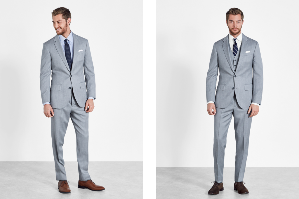 Light grey men's wedding suits by The Black Tux.