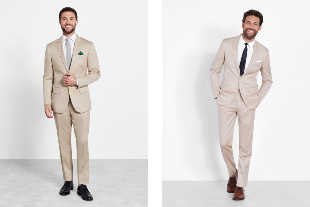 Two ways to wear tan wedding suits for men by The Black Tux.