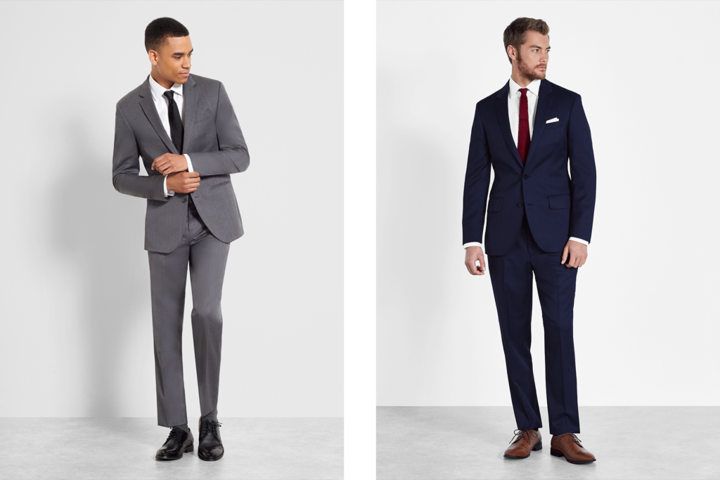 Grey suit and Blue suit rentals for groomsmen.