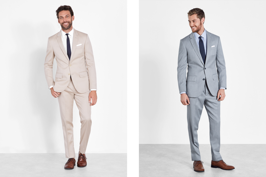 Tan suit and light grey suit.