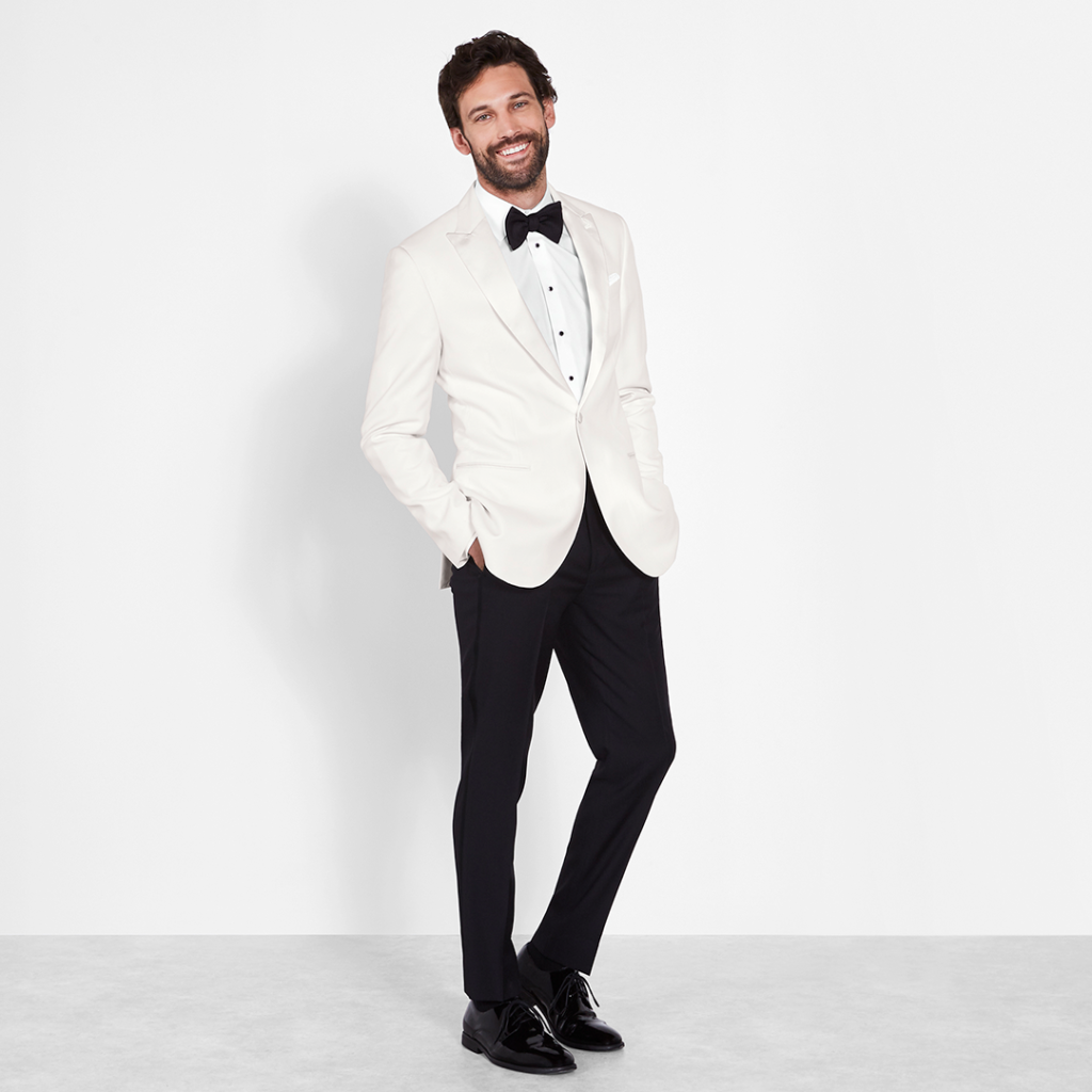 White dinner jacket groomsmen tuxedo.