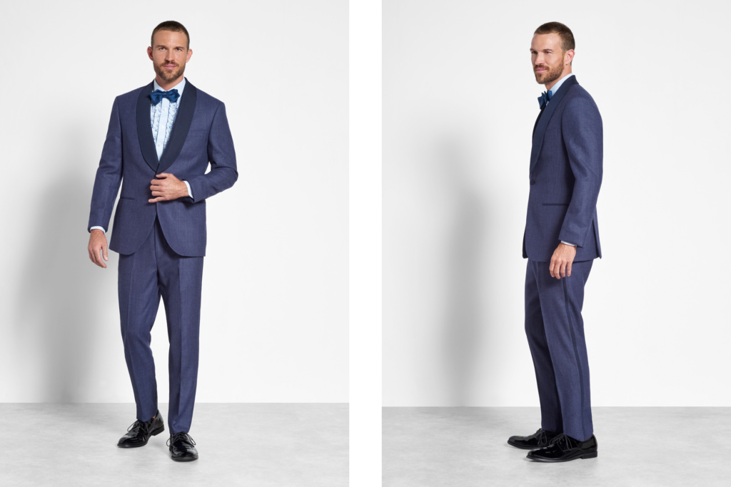 Two looks of the blue shawl tuxedo by The Black Tux.