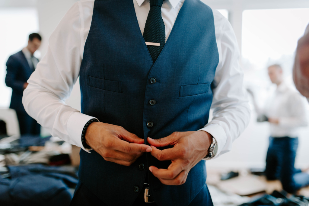 white shirt blue vest good sleeve length measurement