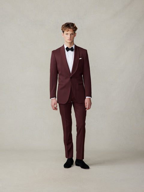 The Black Tux Burgundy Twill Shawl Tuxedo Jacket In Red/Brown/Purple | Size: 36