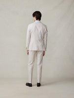 Man in a light-colored suit standing with his back to the camera.