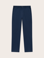 Navy chino pants laid flat, front view, welt pockets visible
