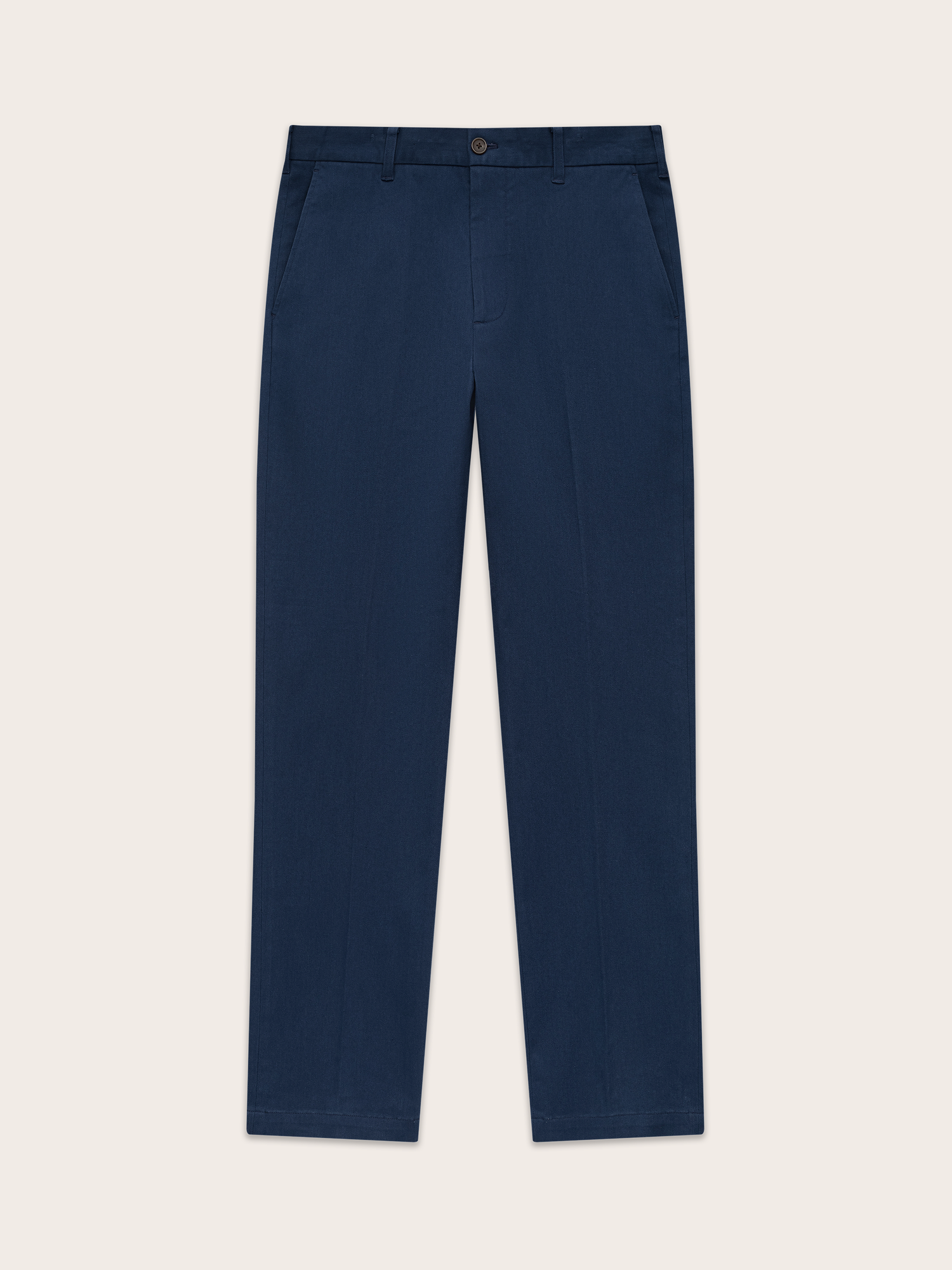 Navy chino pants laid flat, front view, welt pockets visible