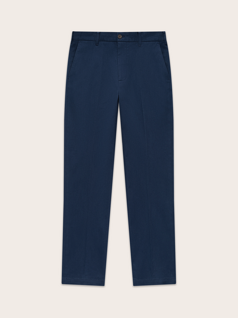 Navy chino pants laid flat, front view, welt pockets visible