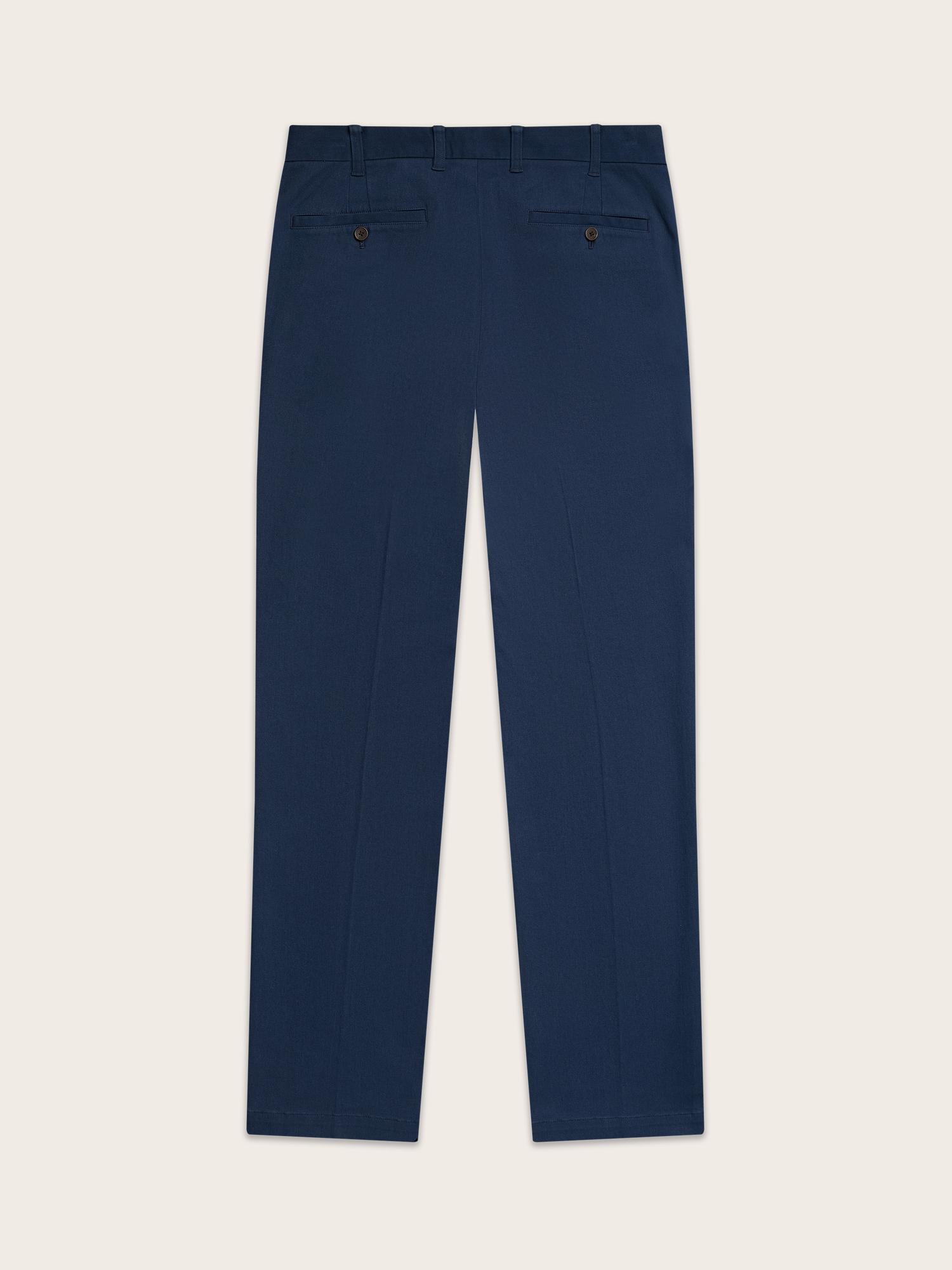 Navy chino pants laid flat, back view, welt pockets with button visible