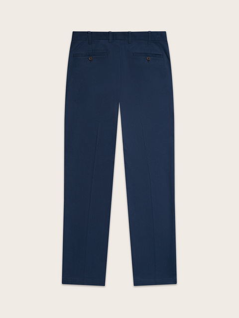 Navy chino pants laid flat, back view, welt pockets with button visible
