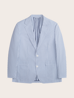 Striped blue blazer with two front pockets and white buttons.