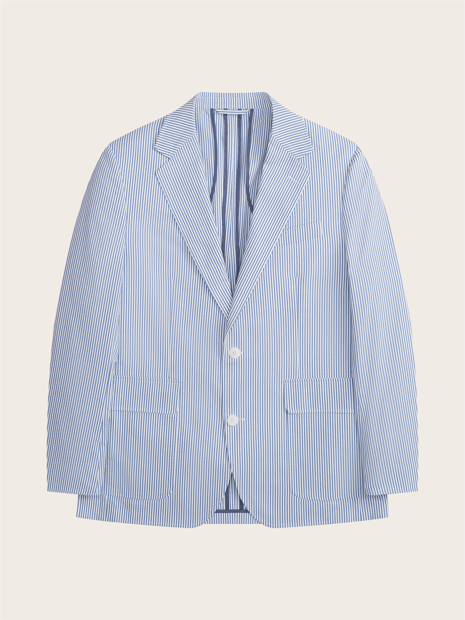 Striped blue blazer with two front pockets and white buttons.