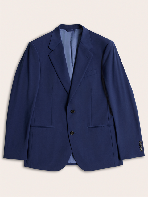 Cove blue suit jacket laid flat, notch lapels and two-button front, on a cream background.