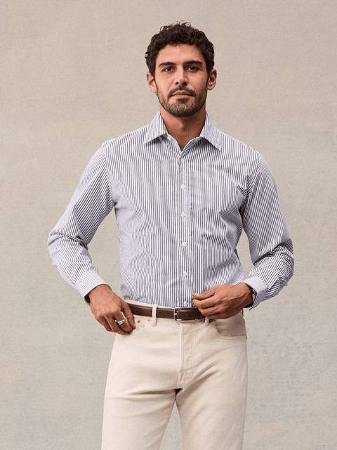 Wide White & Navy Stripe Dress Shirt