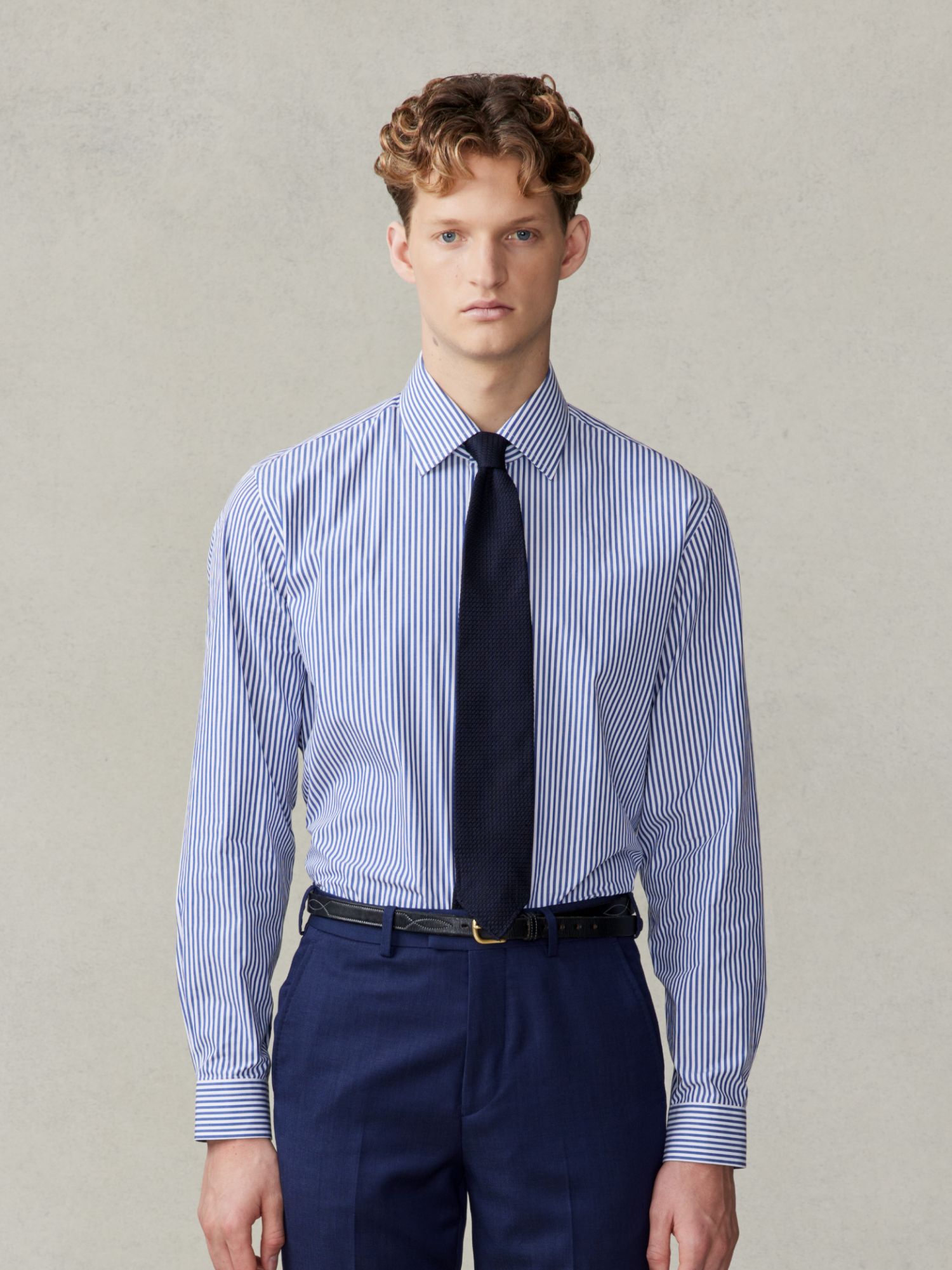 The Black Tux Essential Navy Stripe Dress Shirt In Blue | Size: Large