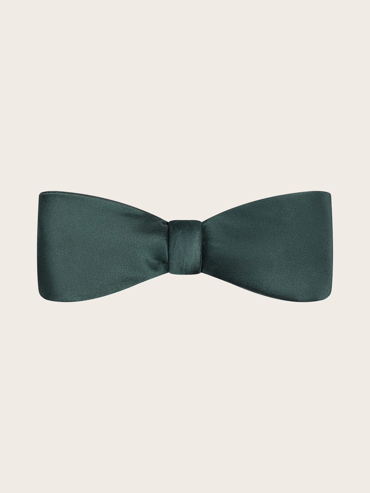A pre-tied juniper green satin bow tie against a light neutral background
