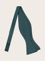 Juniper green satin bow tie against a light neutral background.