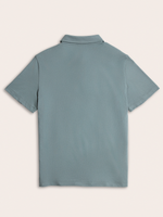 Light blue polo shirt flat lay, back view showing collar and short sleeves