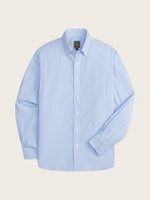 Light blue striped long-sleeve button-up shirt with a pocket.