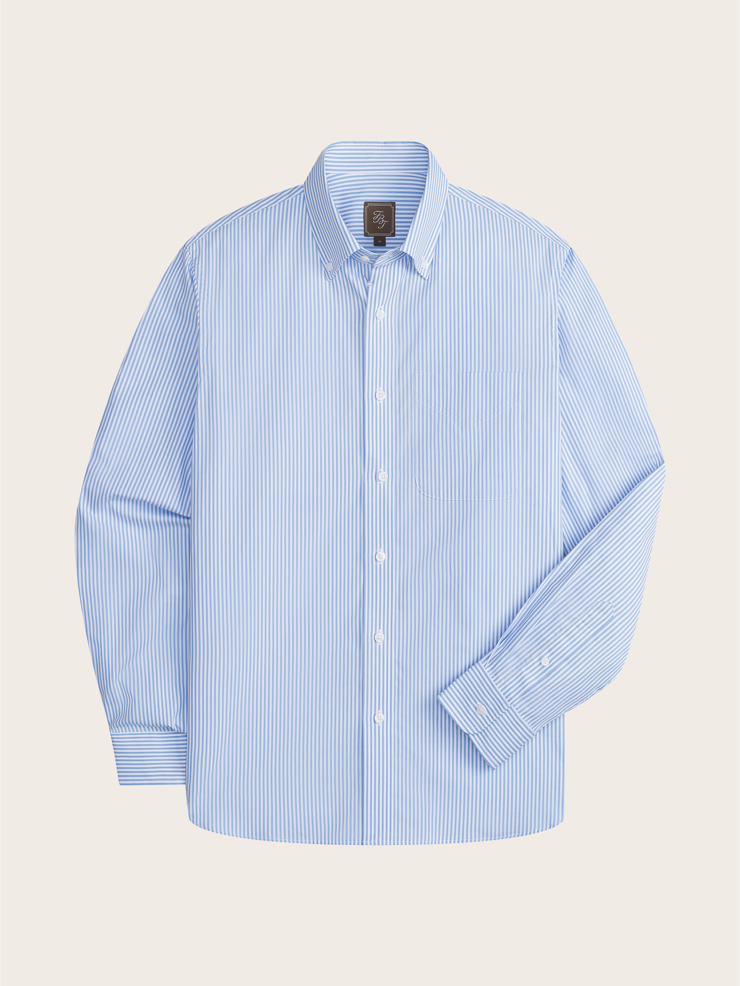 Light blue striped long-sleeve button-up shirt with a pocket.