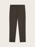 Olive green suit pants displayed against a neutral background.
