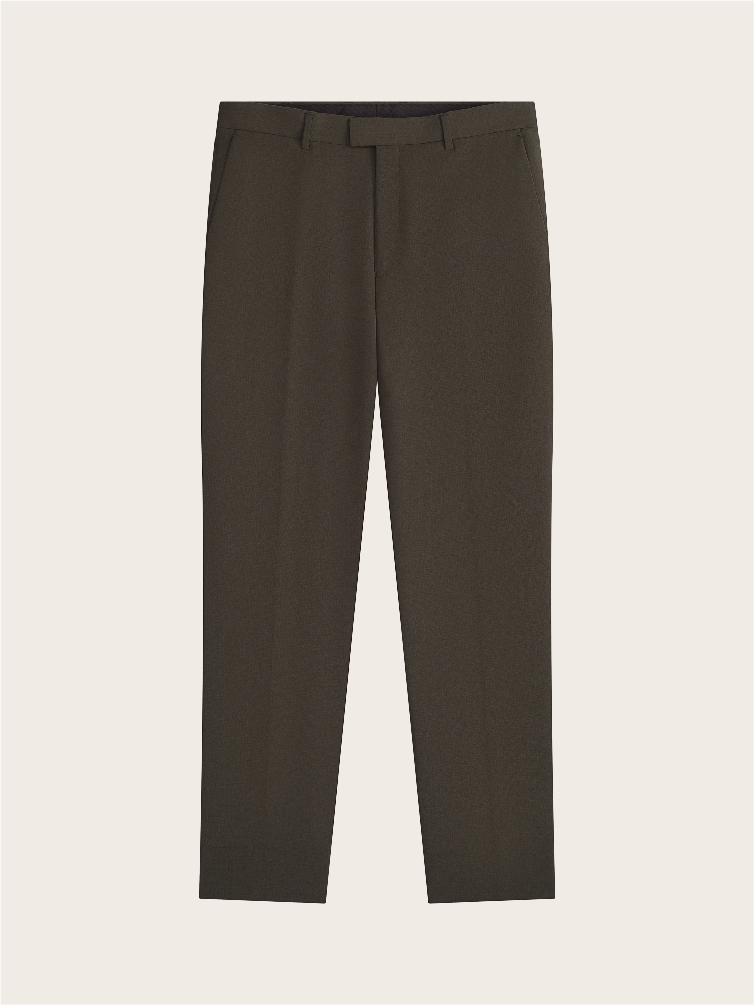 Olive green suit pants displayed against a neutral background.