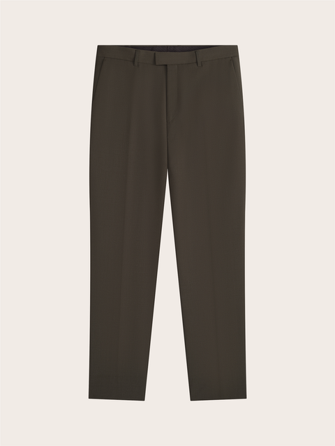 Olive green suit pants displayed against a neutral background.