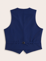 Cove blue suit vest laid flat, back view with adjustable buckle strap, on a cream background.
