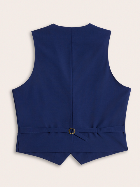 Cove blue suit vest laid flat, back view with adjustable buckle strap, on a cream background.