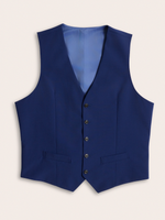 Cove blue suit vest laid flat, five-button front with welt pockets and light blue lining, cream background.