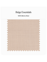 Beige fabric swatch labeled 'Beige Essentials' and '100% Merino Wool'.