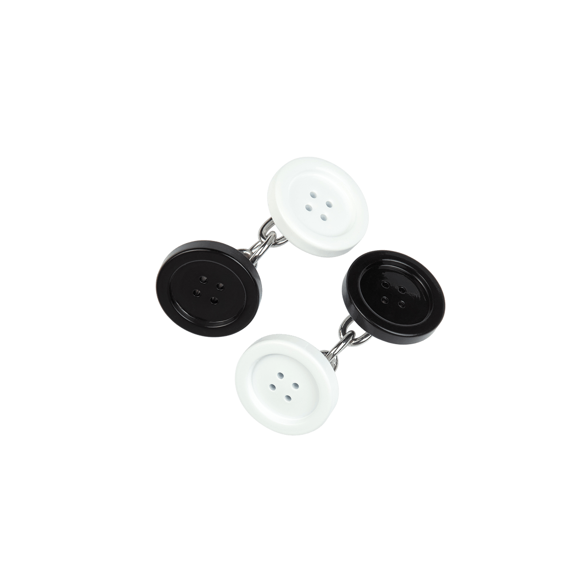 Two pairs of cufflinks with black and white buttons connected by metal chains.