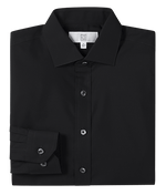 Black dress shirt with a folded cuff and buttons visible.