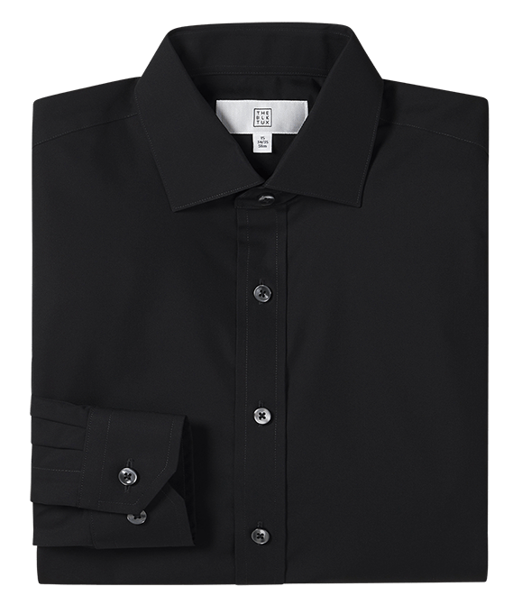 Black dress shirt with a folded cuff and buttons visible.