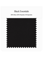 Swatch of black fabric labeled 'Black Essentials' with composition details.