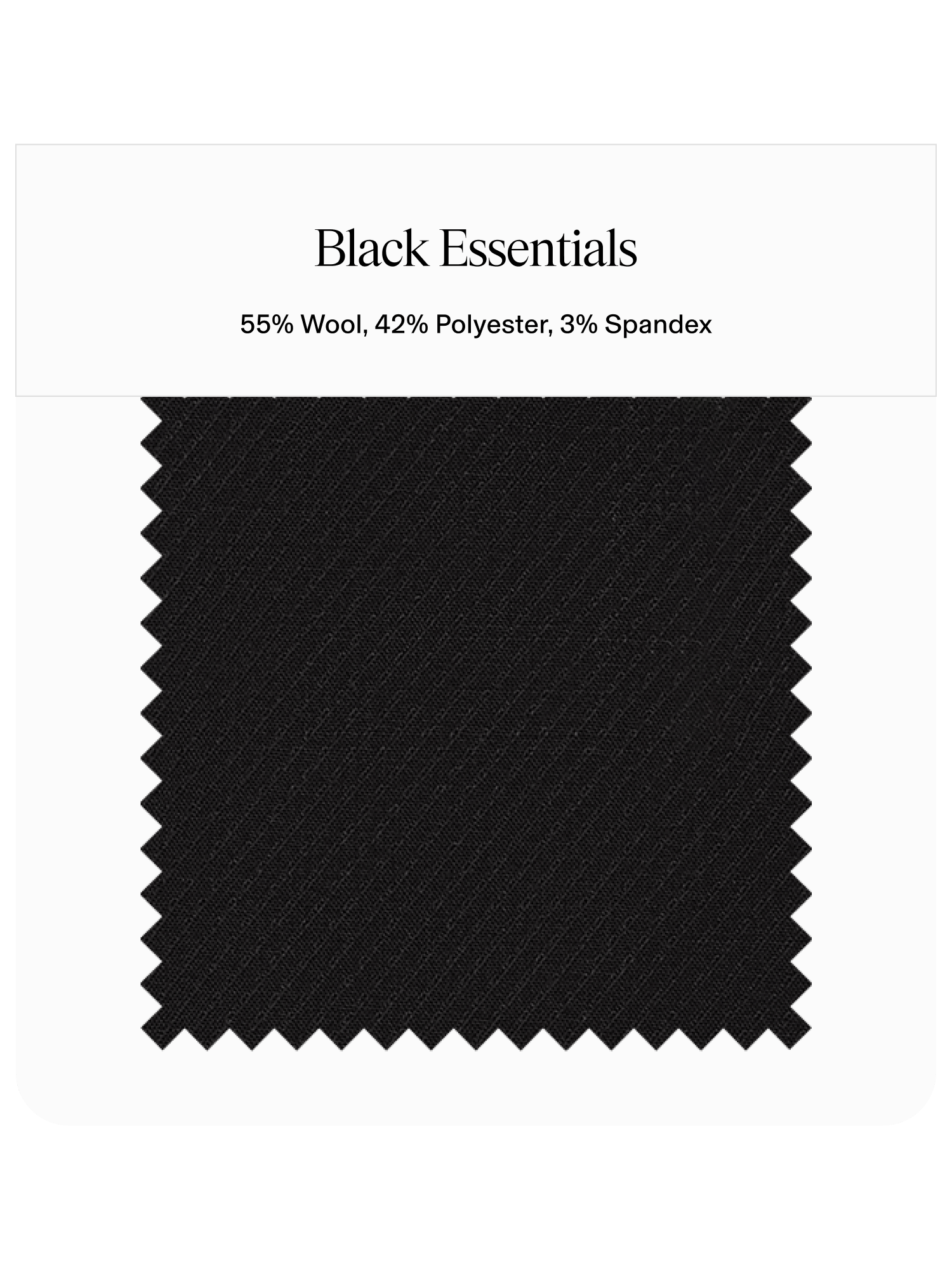Swatch of black fabric labeled 'Black Essentials' with composition details.