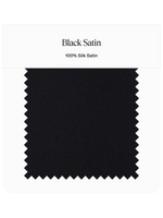 Black satin fabric swatch labeled 'Black Satin' and '100% Silk Satin'.