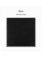 Swatch of black fabric labeled '100% Merino Wool'.