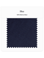 Swatch of blue fabric labeled '100% Merino Wool'.