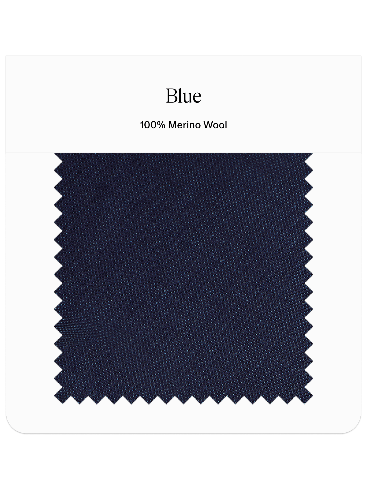 Swatch of blue fabric labeled '100% Merino Wool'.