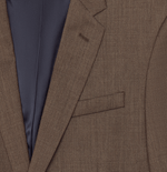 Close-up of a brown suit jacket with a gray lining and a pocket.