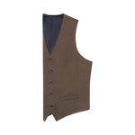 Brown vest with a navy lining and six buttons, featuring a single pocket.
