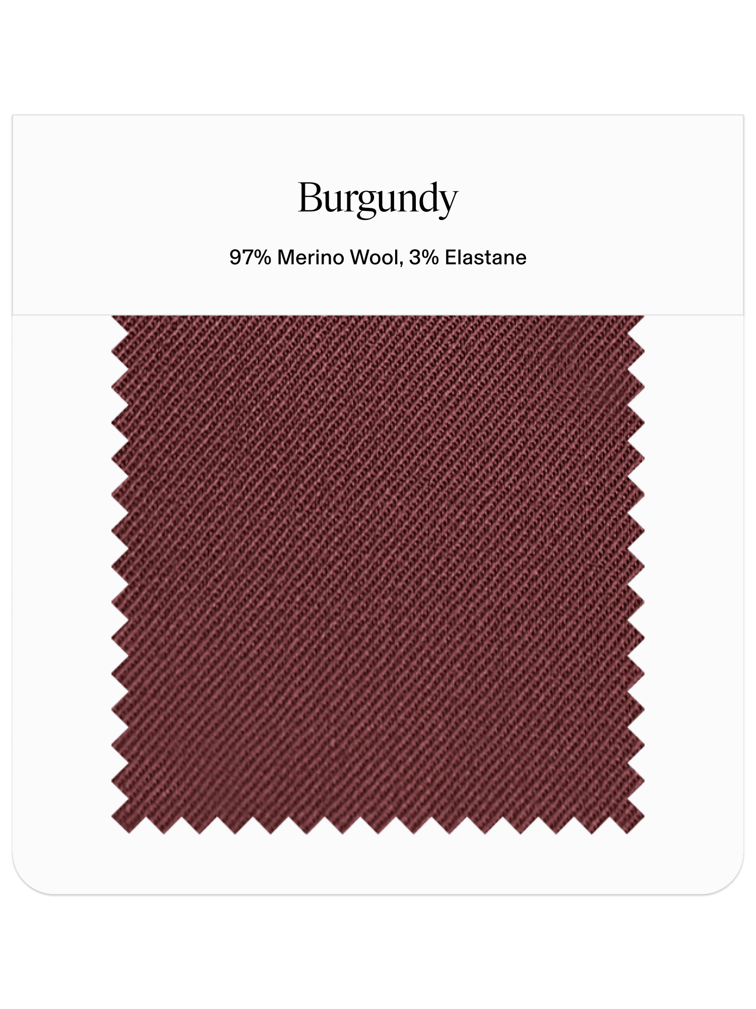 Burgundy fabric swatch labeled with material composition.